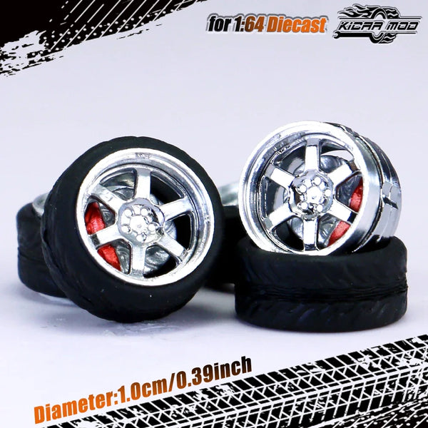 Kicarmod 1/64 Model Car ABS Wheels with Rubber Tire Brake Disc Metal Rims Diameter 10mm Refitting Parts For Model Car Hot Wheels