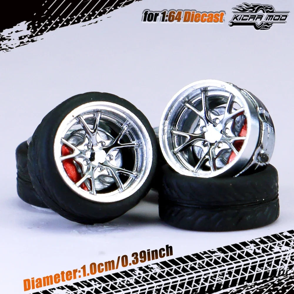 Kicarmod 1/64 Model Car ABS Wheels with Rubber Tire Brake Disc Metal Rims Diameter 10mm Refitting Parts For Model Car Hot Wheels