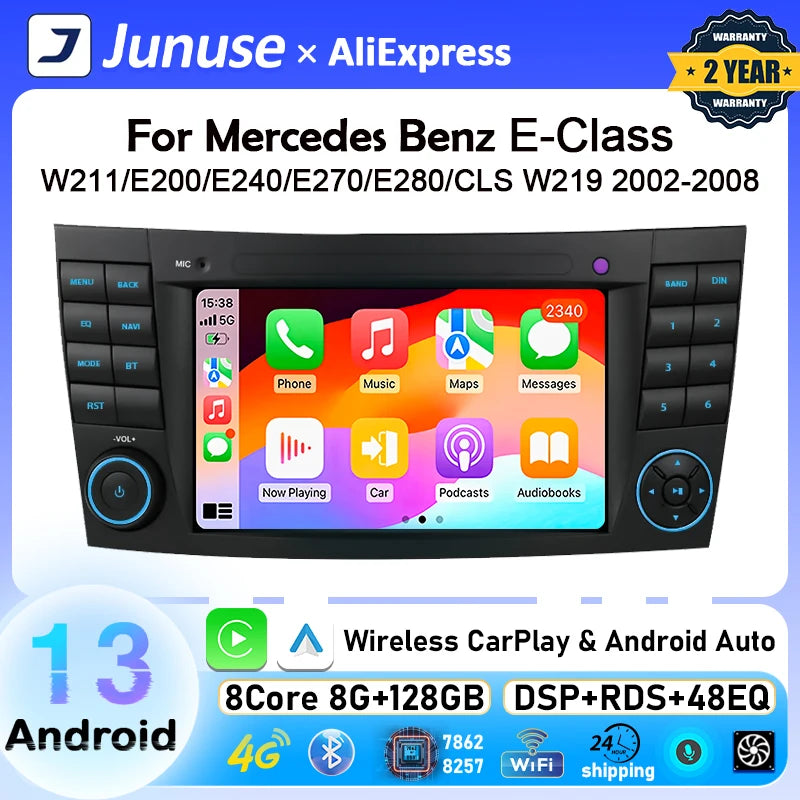 Junuse For Mercedes Benz E-class W211 E200 E220 E300 E350 E240 E280 CLS Car Auto Radio 2Din Android 12 Multimedia GPS Carplay BT