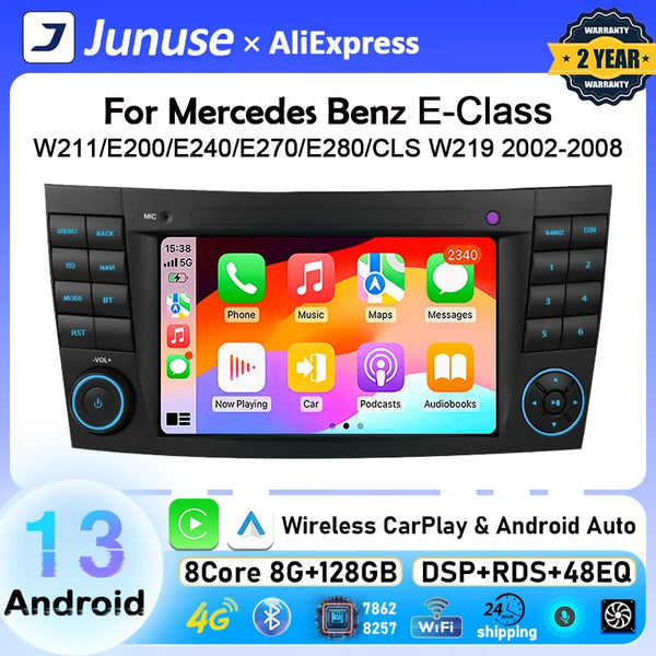 Junuse For Mercedes Benz E-class W211 E200 E220 E300 E350 E240 E280 CLS Car Auto Radio 2Din Android 12 Multimedia GPS Carplay BT
