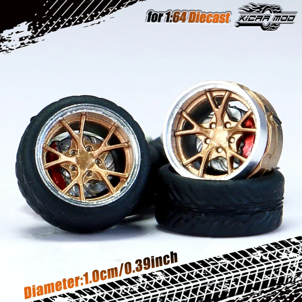 Kicarmod 1/64 Model Car ABS Wheels with Rubber Tire Brake Disc Metal Rims Diameter 10mm Refitting Parts For Model Car Hot Wheels