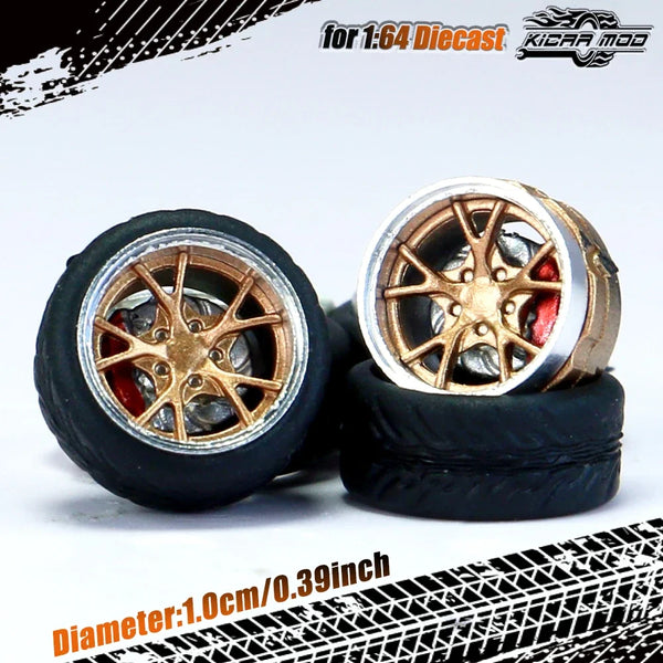 Kicarmod 1/64 Model Car ABS Wheels with Rubber Tire Brake Disc Metal Rims Diameter 10mm Refitting Parts For Model Car Hot Wheels