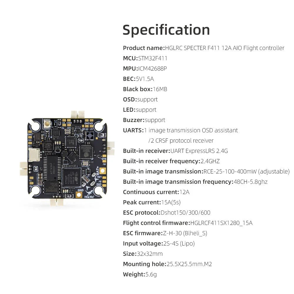 HGLRC Specter F411 12A AIO Flight Controller (ELRS+VTX)