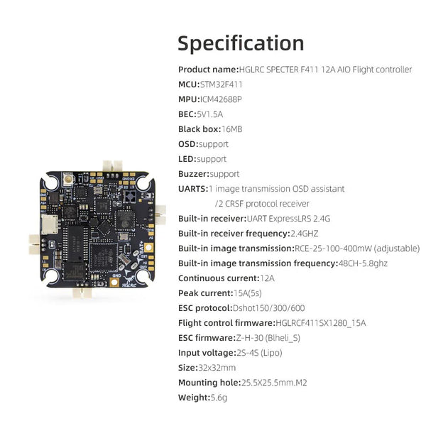 HGLRC Specter F411 12A AIO Flight Controller (ELRS+VTX)