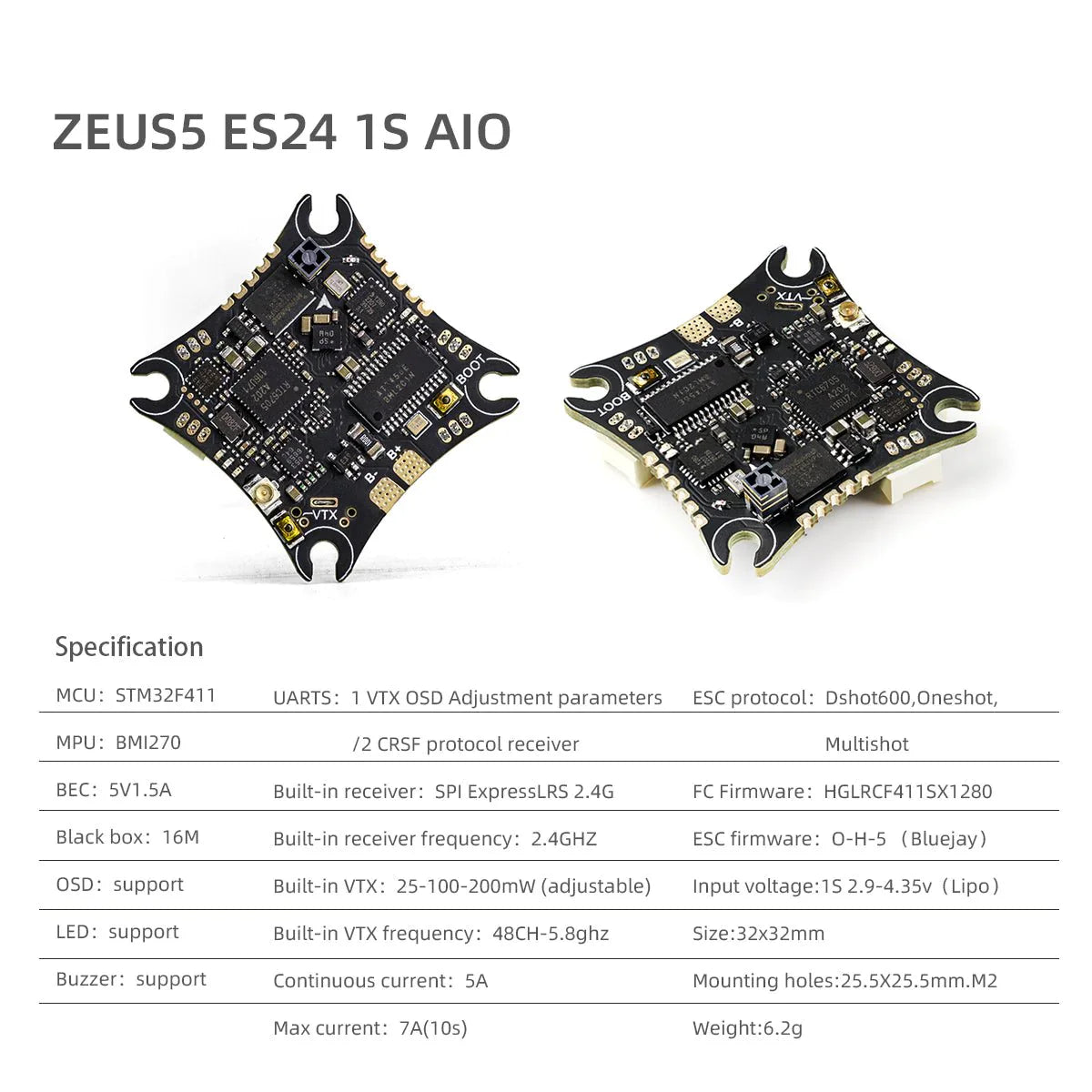 HGLRC Zeus5 ES24 ELRS AIO VTX F411 Flight Controller 5A BL_S 5in1 ESC
