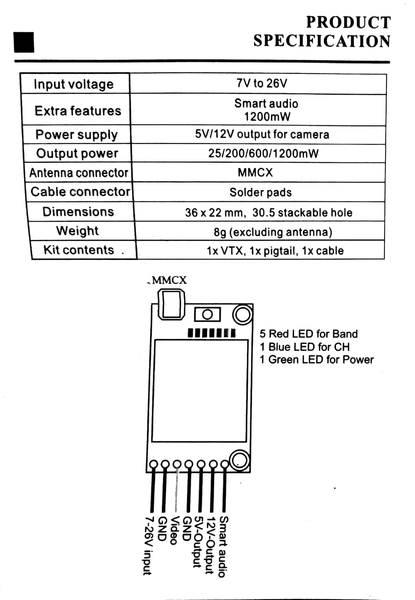 TheFPV Chaos VTX V2 Video Transmitter (25-1200mW, 2-6S, VTX Telemetry / Control, MMCX/SMA)