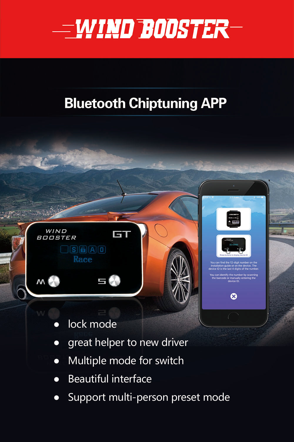 WINDBOOSTER GT & Bluetooth Mobile App OBD Acceleration Performance Throttle Controller & Pedal Remap - Utilising Chip Tuning / Electronic Engine Tuning - Econ / Sport / Sport+ / Race Modes - OLED Display