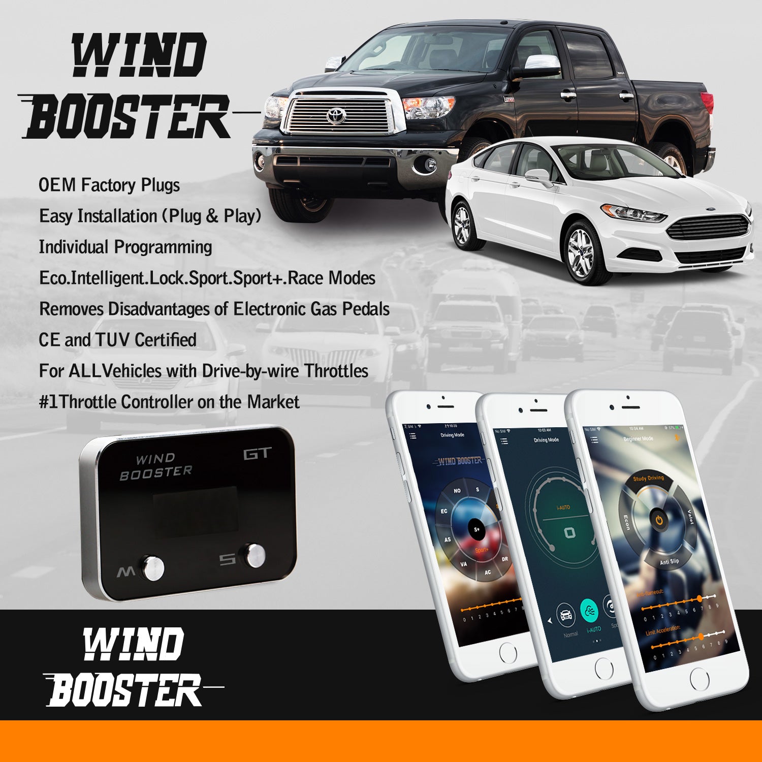 WINDBOOSTER GT (For Model Specific: Mercedes CLS C219 2005-2010) & Bluetooth Mobile App OBD Acceleration Performance Throttle Controller & Pedal Remap - Utilising Chip Tuning / Electronic Engine Tuning - Econ / Sport / Sport+ / Race Modes - OLED Display