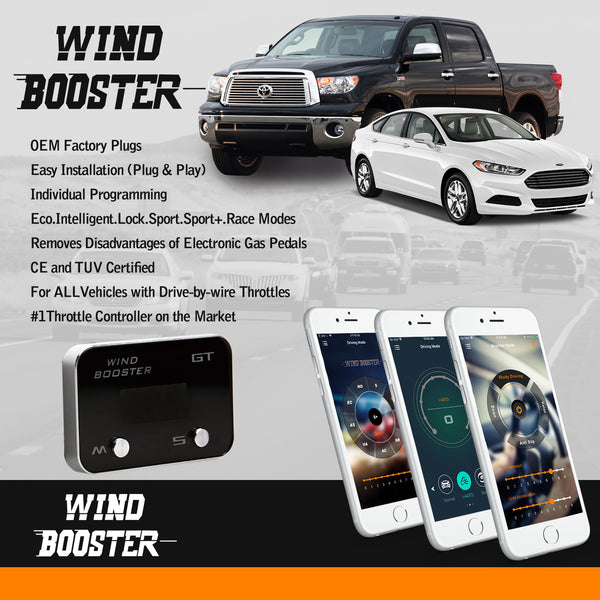 WINDBOOSTER GT & Bluetooth Mobile App OBD Acceleration Performance Throttle Controller & Pedal Remap - Utilising Chip Tuning / Electronic Engine Tuning - Econ / Sport / Sport+ / Race Modes - OLED Display