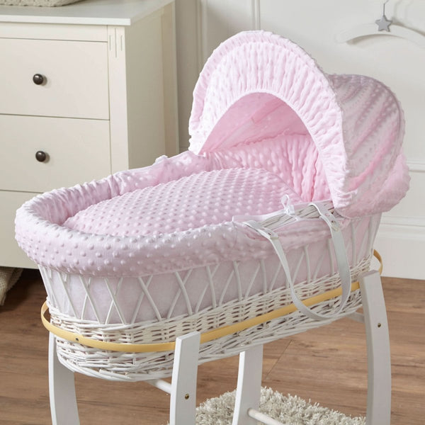 Pink Dimple White Wicker Baby Moses Basket With Stand
