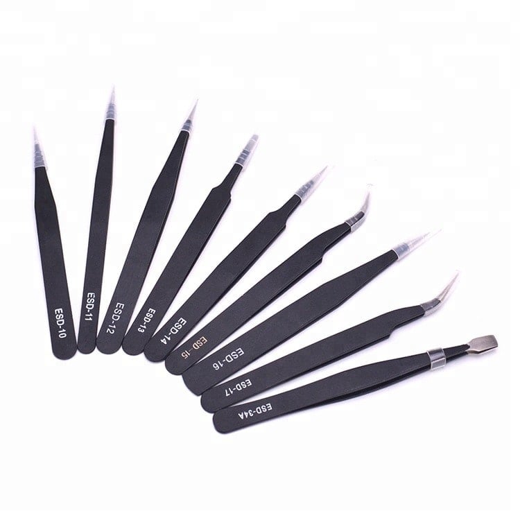 Precision Tweezers Pack of 9, ESD Stainless Steel Anti-static Tool Kit