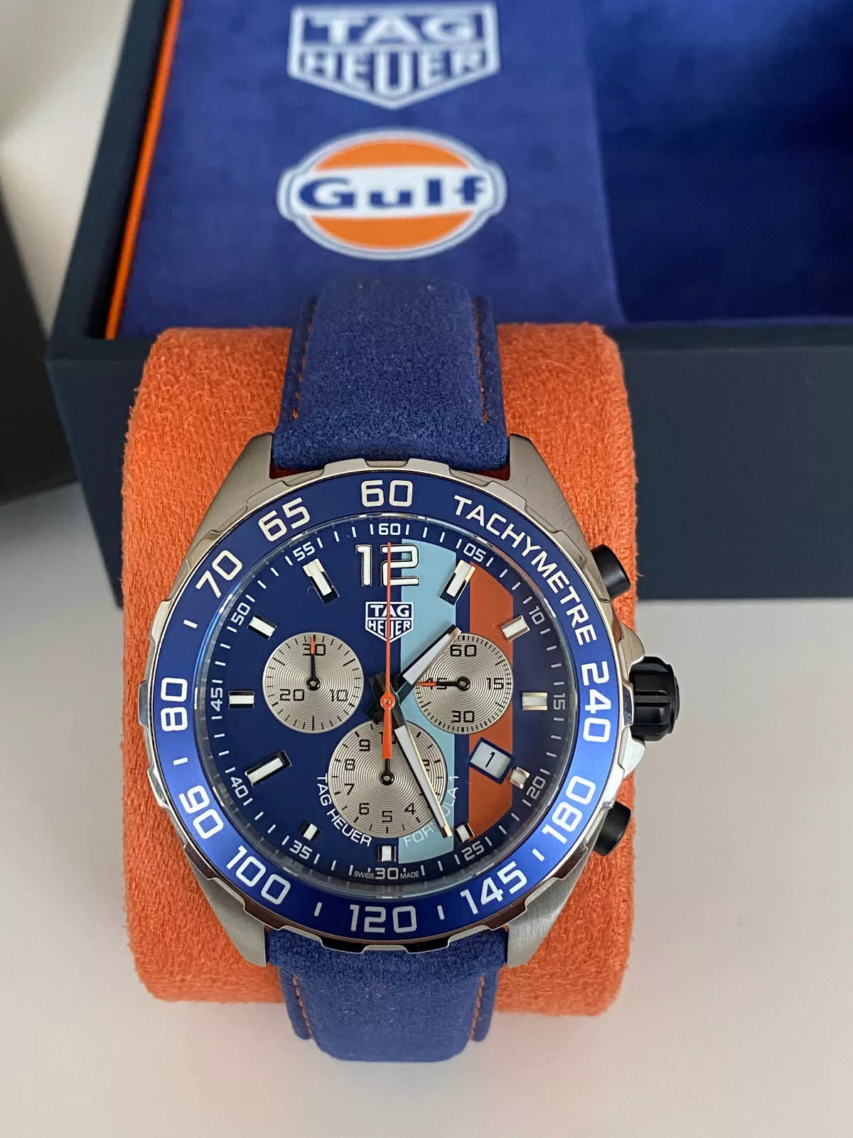 Brand New SPECIAL EDITION TAG Heuer Formula 1 Chronograph Gulf Men's Watch Quartz 43 mm Steel CAZ101N.FC8243 RRP £2,100.00 43mm Orange Blue Stripe