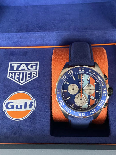 Brand New SPECIAL EDITION TAG Heuer Formula 1 Chronograph Gulf Men's Watch Quartz 43 mm Steel CAZ101N.FC8243 RRP £2,100.00 43mm Orange Blue Stripe