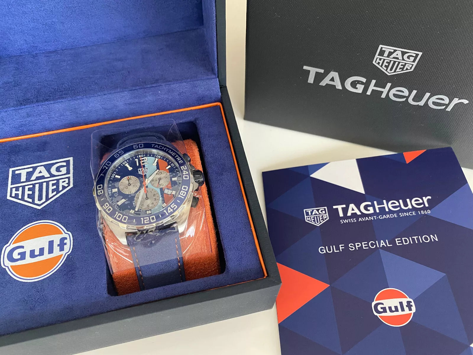 Brand New SPECIAL EDITION TAG Heuer Formula 1 Chronograph Gulf Men's Watch Quartz 43 mm Steel CAZ101N.FC8243 RRP £2,100.00 43mm Orange Blue Stripe