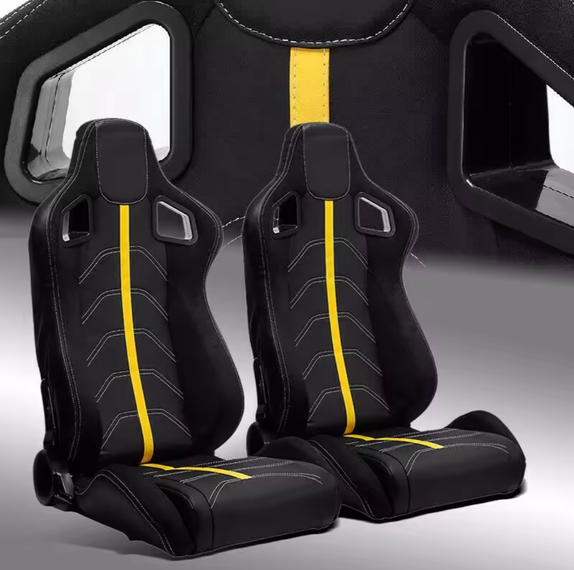 JIABEIR (Manufactured and Dispatched from China) Black & Yellow Stripe Stitch Sports Car / Racing Sim x1 Individual Bucket Seats JBR1079