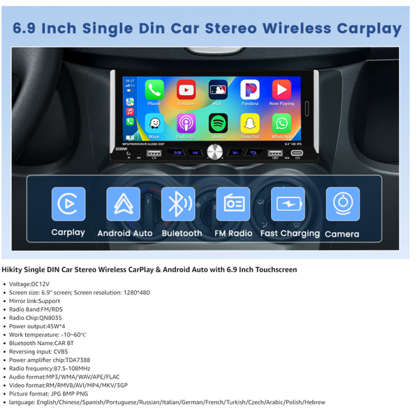 Hikity Single DIN 1DIN Car Stereo Wireless CarPlay & Android Auto 6.9 Inch Touchscreen Car Radio with Bluetooth 5.1 FM Dual USB Ports Type-C + Backup Camera + Remote Control + MIC