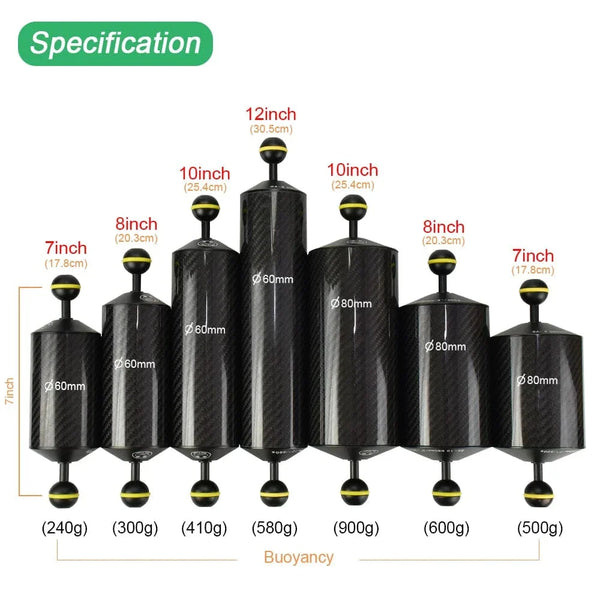 Seafrogs Diving 7/8/10/12Inch D60Mm Carbon Fiber  Float Arms