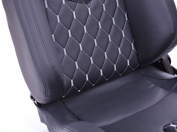 FK Pair of Universal Premium Sports Bucket Seats Black with Silver Diamond Stitching with universal slide runners