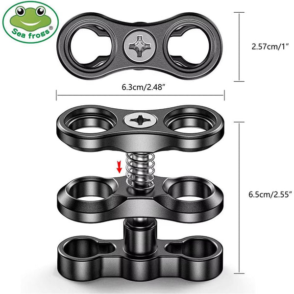 Seafrogs 2.55'' Ball Arm Clamp 2 Hole Camera Waterproof Case Tray Ball Joint Arm System Combination Clamp Dive Flashlight Holder