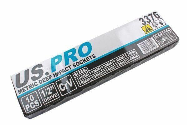 US PRO 10pc 1/2" dr 6pt Deep Impact Sockets Metric 10 - 24mm 3376