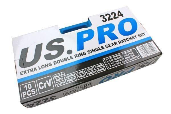 US PRO 10pc Extra Long Double Ring Single Gear Ratchet Spanner Wrench Set 8 - 19mm 3224