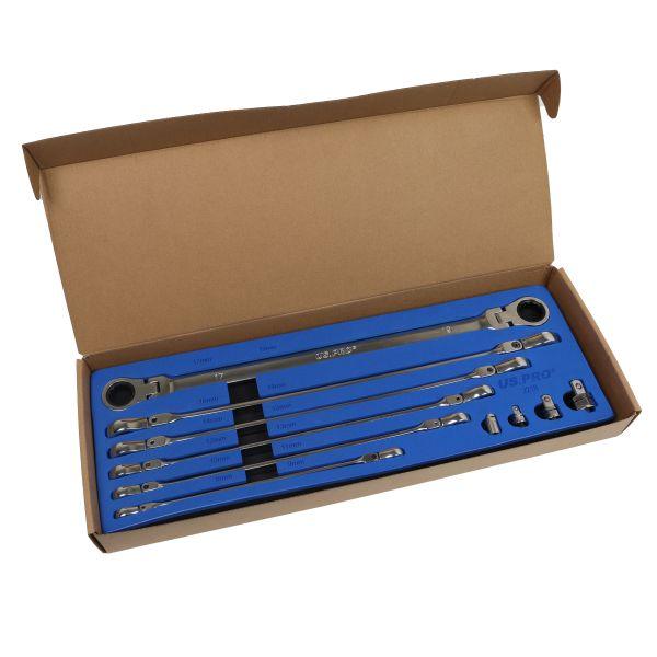 US PRO 10pc Long Double Flexi Head Ratchet Spanner Wrench Set 8-19mm 2218