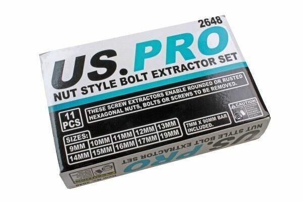 US PRO 11pc Bolt Stud Extractor Set Damaged Heads, Nut Style Sockets 2648