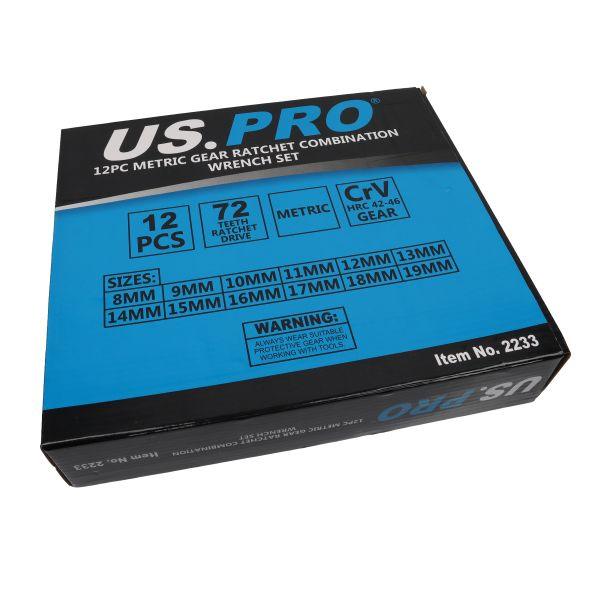 US PRO 12pc Metric Gear Ratchet Combination Spanner Wrench Set 8-19mm 2233