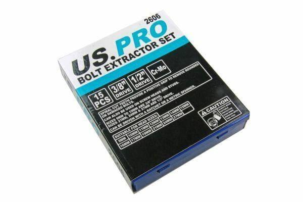 US PRO 15 Piece Bolt Nut Extractor Twist Set  3/8'' & 1/2'' Drive 2606