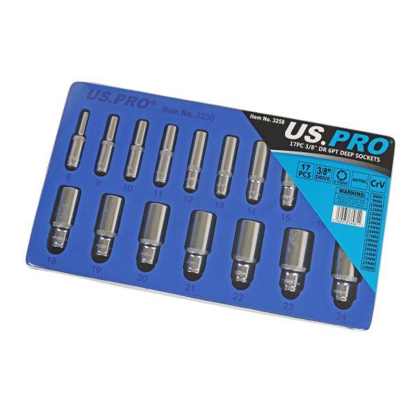 US PRO 17pc 3/8 Dr Metric Deep Socket Set 6 point 8 - 24mm 3258
