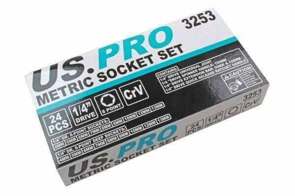US PRO 24pc 1/4 Dr 6 Point Metric Socket Set 4 - 13mm 3253