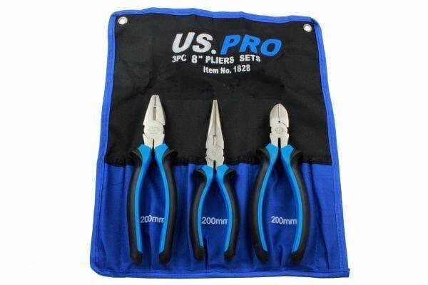 US PRO 3pc 8" Plier Set NI-FE Finish - Combination, Cutters, Long Nose 1828