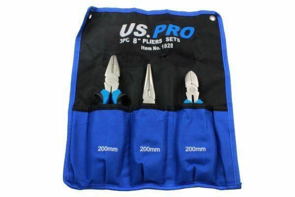 US PRO 3pc 8" Plier Set NI-FE Finish - Combination, Cutters, Long Nose 1828