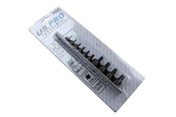 US PRO INDUSTRIAL 10pc 1/4 3/8" dr Stubby Impact Torx Bit Socket Set T10 - T50 3421