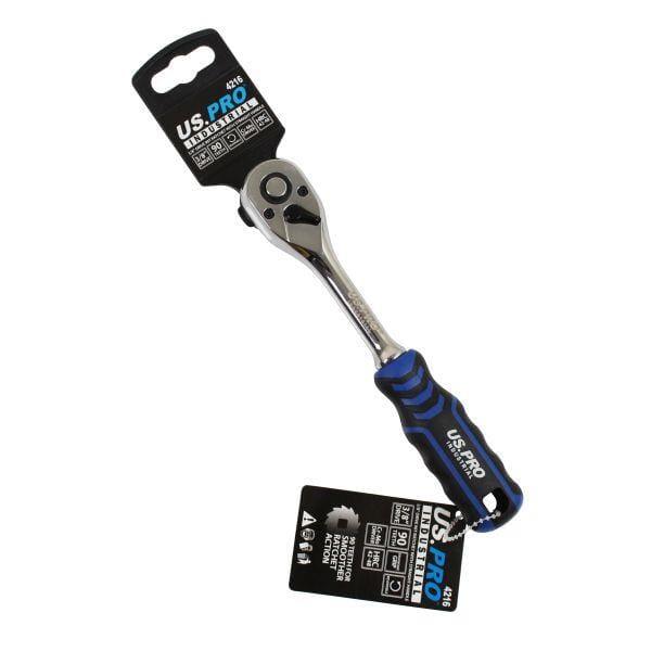 US PRO INDUSTRIAL 3/8" DR 90T Ratchet With Straight Handle With Grip 4216