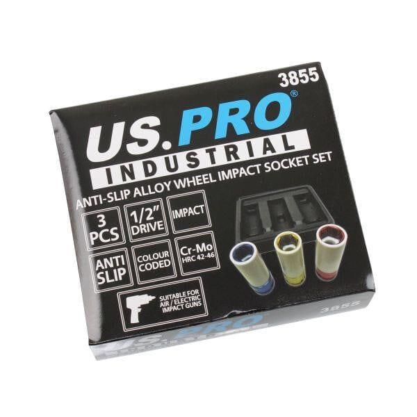 US PRO INDUSTRIAL 3PC 1/2" DR Anti-slip Alloy Wheel Impact Socket Set 3855