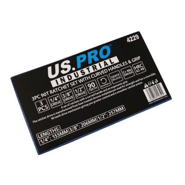 US PRO INDUSTRIAL 3pc 90t Ratchet Set 1/4 3/8 1/2 Drives Curved Handle With Grip 4229