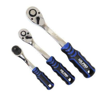 US PRO INDUSTRIAL 3pc 90t Ratchet Set 1/4 3/8 1/2 Drives Curved Handle With Grip 4229
