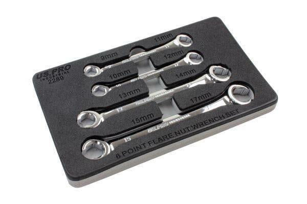 US PRO INDUSTRIAL 4PC 6PT Flare Nut Wrench Set 9 - 17mm In A Foam Tray 2289