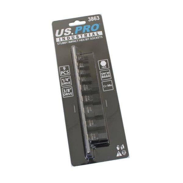 US PRO INDUSTRIAL 9pc 1/4" 3/8" DR Stubby Impact Hex Allen Key Bit Sockets Set 3863