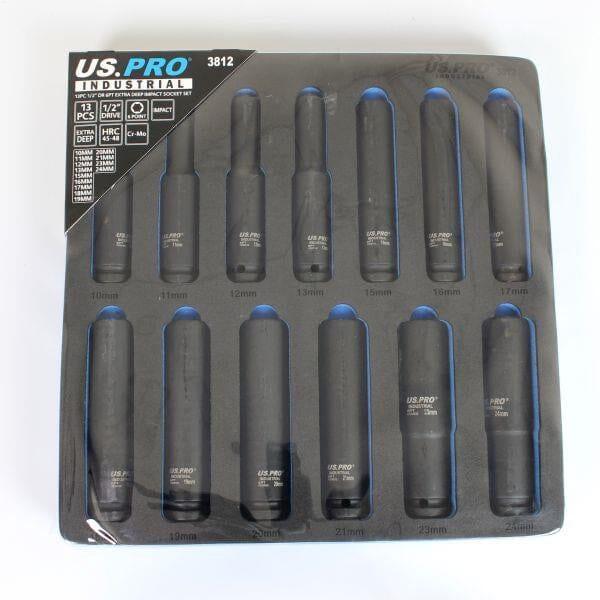 US PRO Industrial Extra Deep Impact Socket Set 1/2"Dr 13pc 10mm - 24mm 6pt Long Sockets 3812