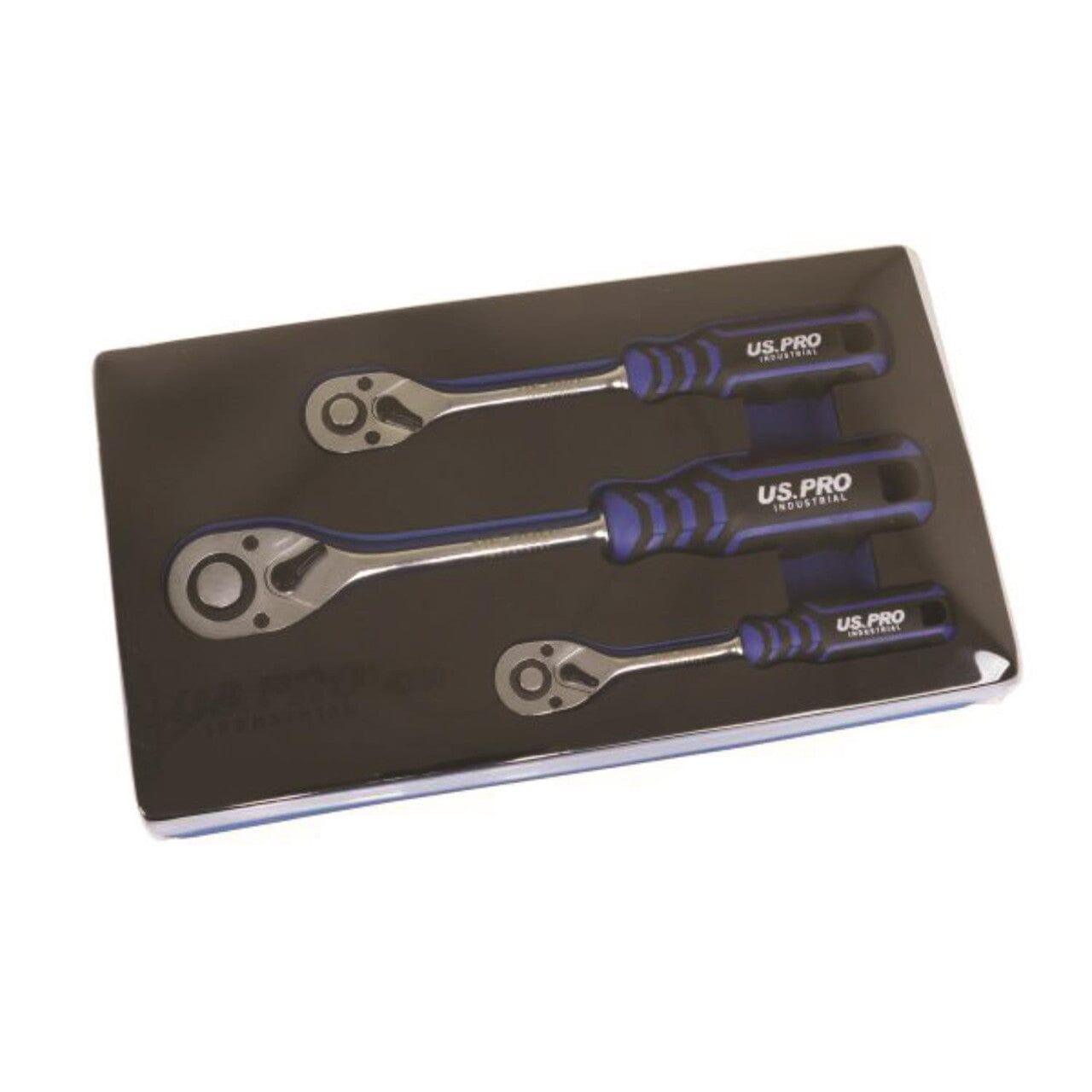 US PRO INDUSTRIAL Ratchet Handle Set 90T 1/4" 3/8" 1/2" Drive Soft Grip Socket Wrenches 4230