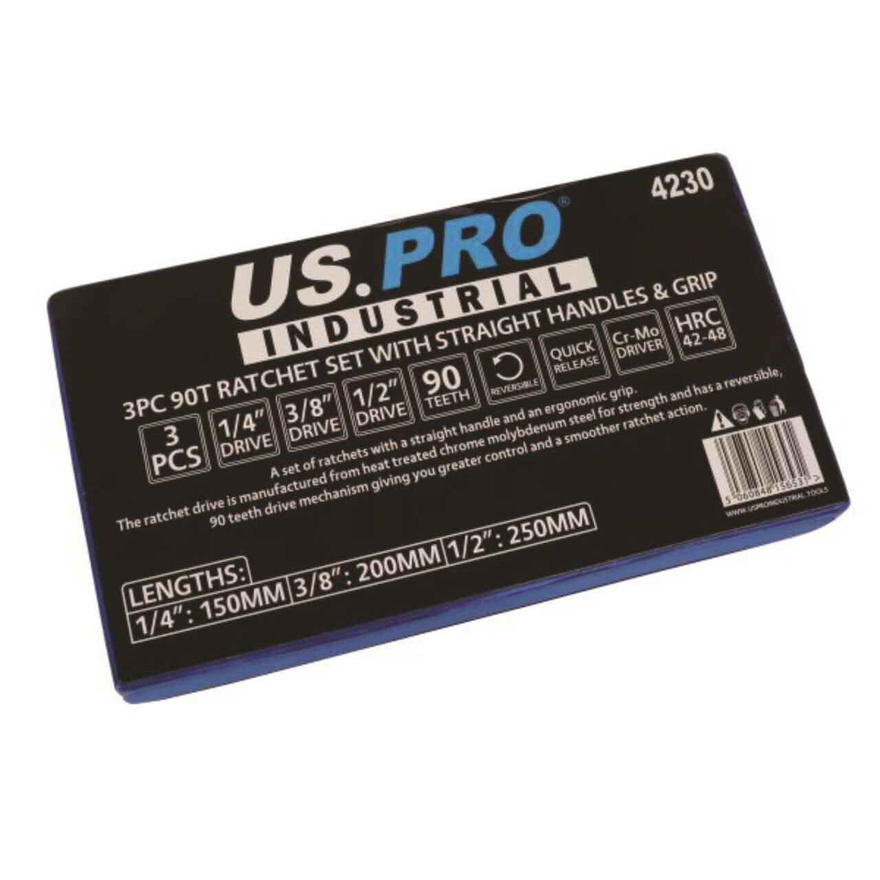 US PRO INDUSTRIAL Ratchet Handle Set 90T 1/4" 3/8" 1/2" Drive Soft Grip Socket Wrenches 4230