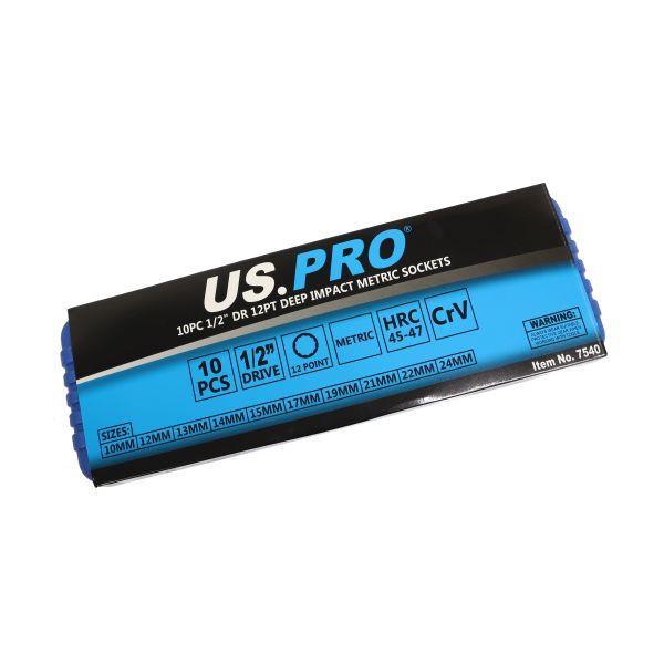US PRO Tools 10PC 1/2" DR 12PT Deep Impact Metric Sockets 10 - 24mm 7540