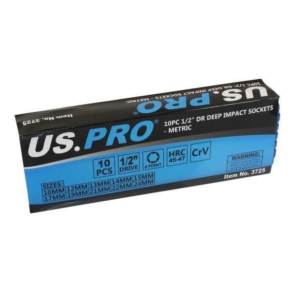 US PRO Tools 10pc 1/2" Dr 6 Point Deep Impact Sockets Metric 10 - 24mm 3725