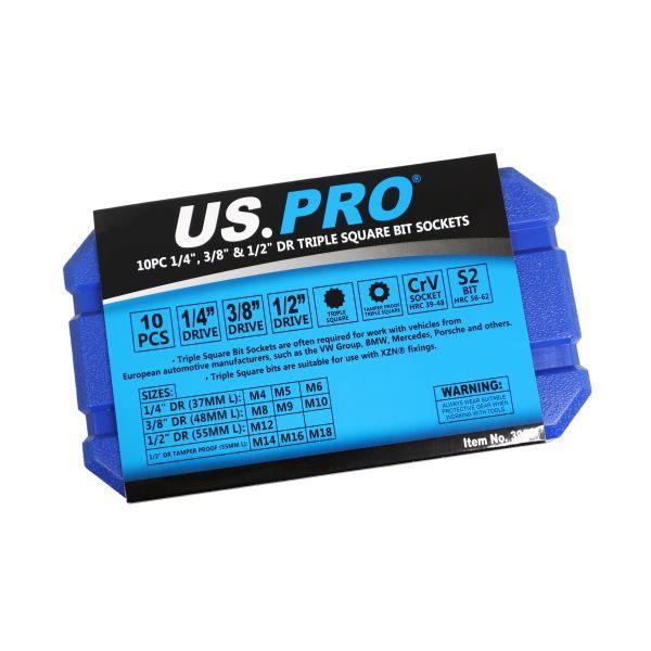 US PRO Tools 10Pc 1/4", 3/8" & 1/2" Dr Triple Square Bit Sockets In Case XZN 3993