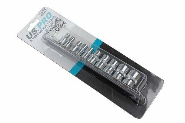 US PRO Tools 10PC 1/4" & 3/8" Dr E Torx Sockets On Rail E4 - E18 2221