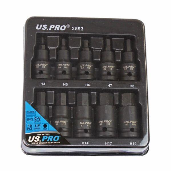 US PRO Tools 10pc Impact Hex Bit Socket Set 1/2" Drive 4mm To 19mm 3593