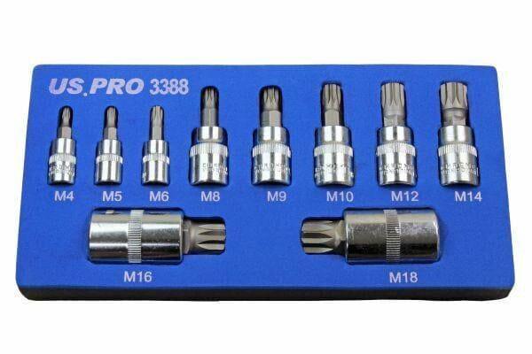 US PRO Tools 10pc Triple Square Spline Bit Sockets In Foam Tray 3388