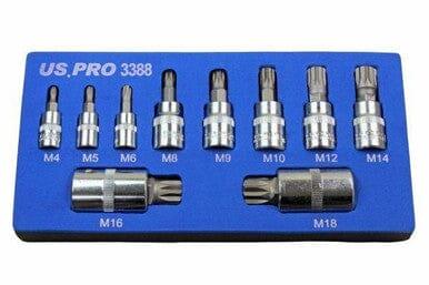 US PRO Tools 10pc Triple Square Spline Bit Sockets In Foam Tray 3388